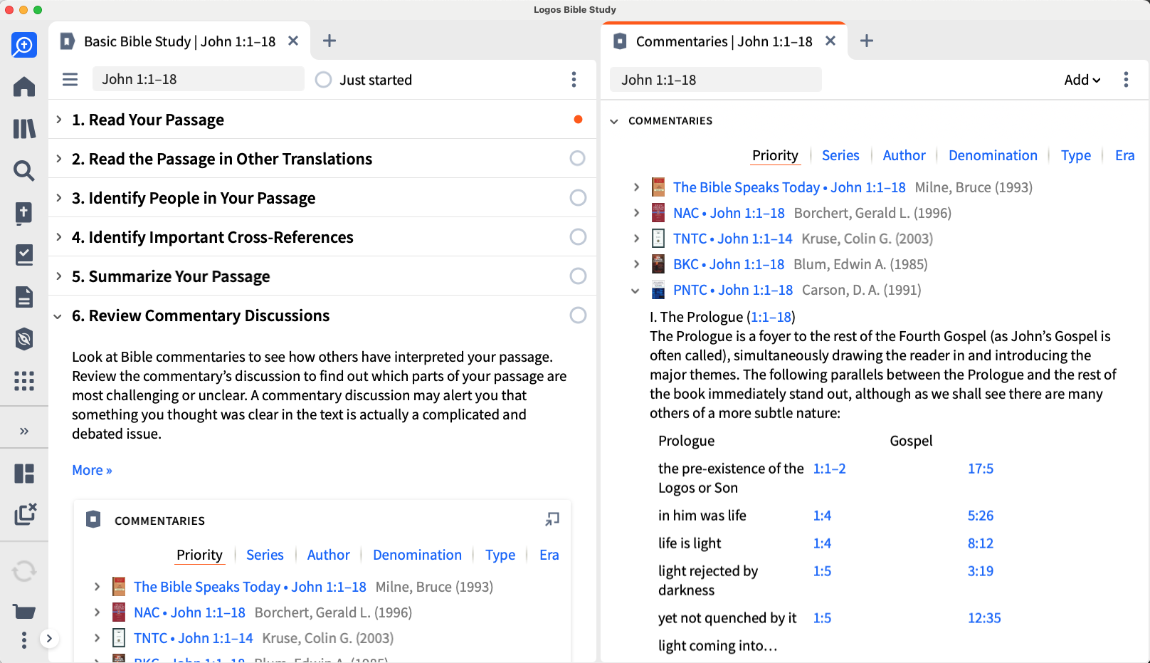 The Logos Bible study app on desktop showing a list of commentaries on John 1:1–18